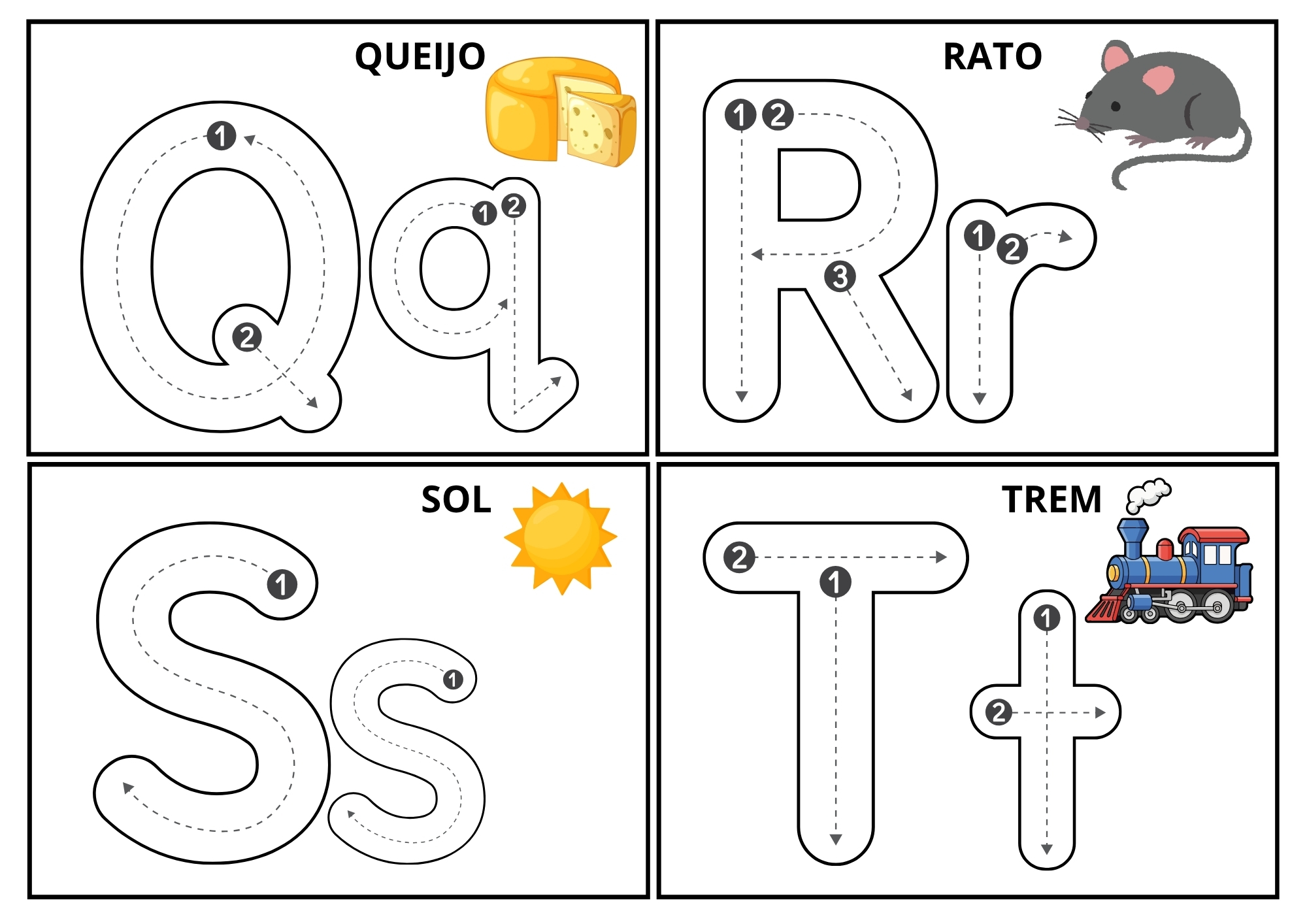 Fichas de traçado das letras Q, R, S e T