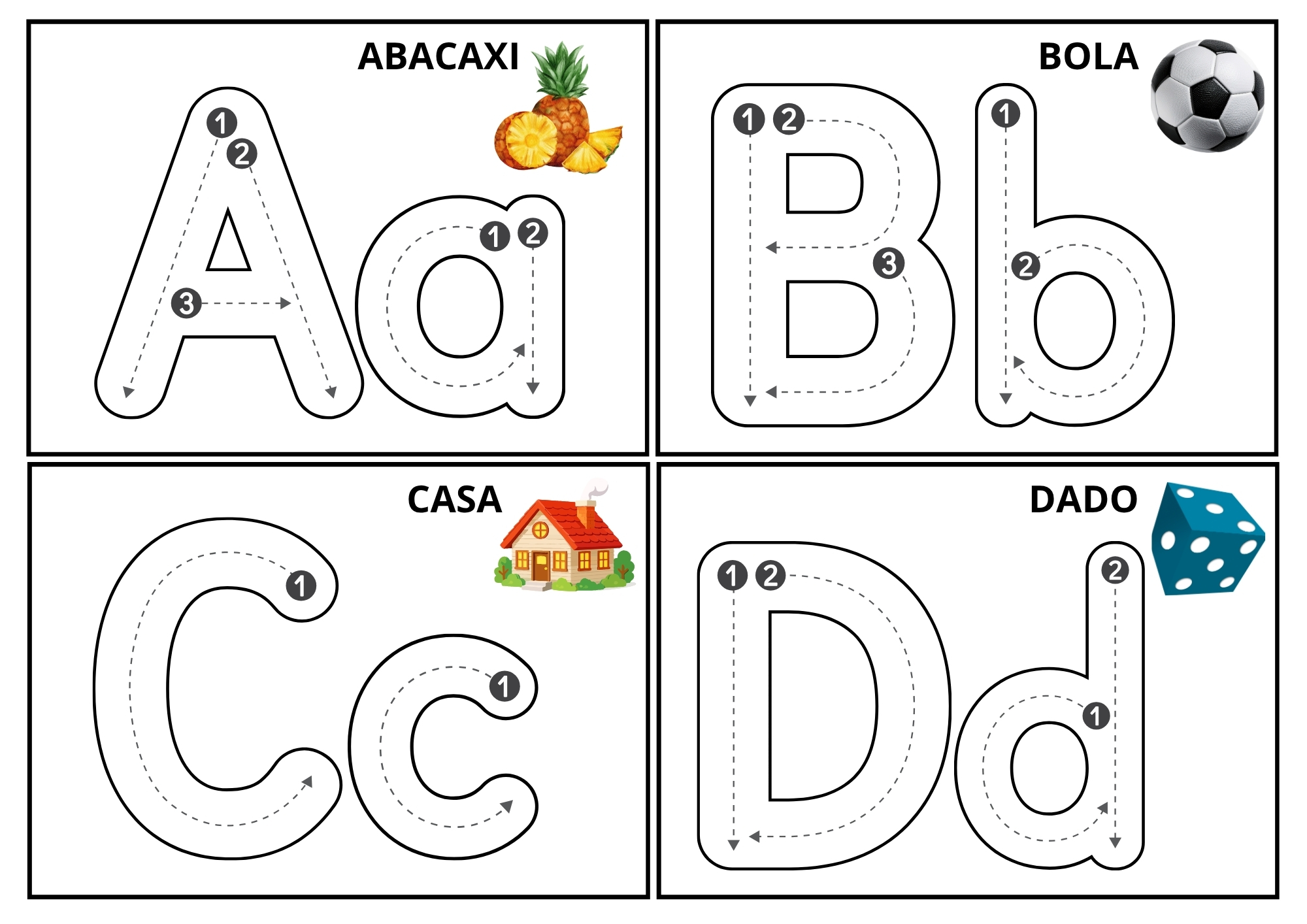 Fichas de traçado das letras A, B, C e D