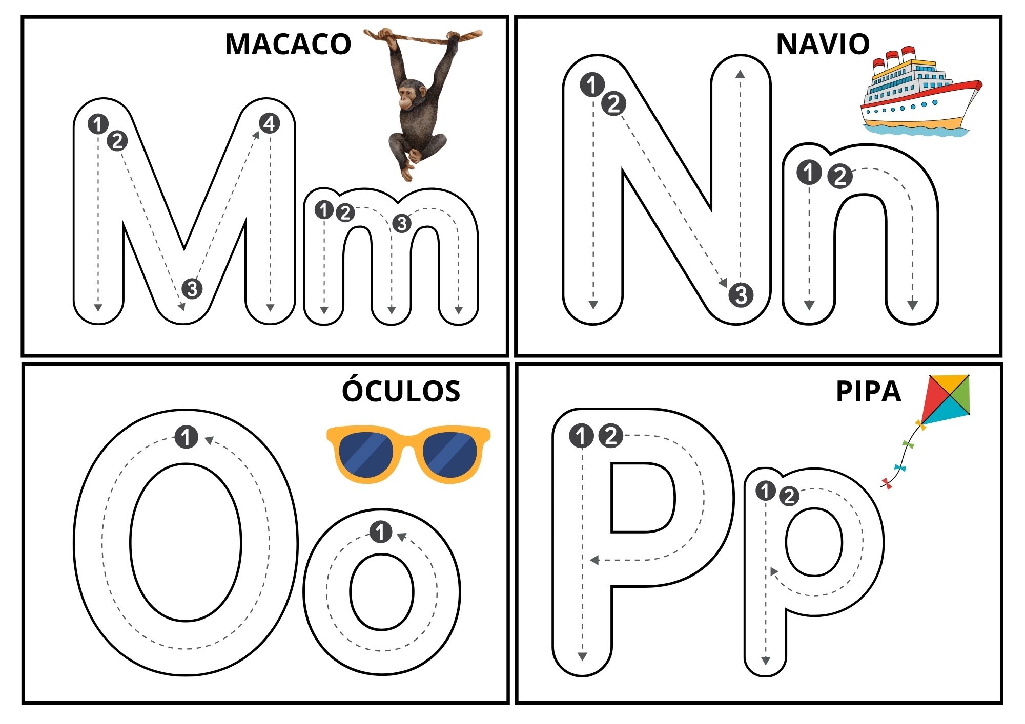 Fichas de traçado das letras M, N, O e P