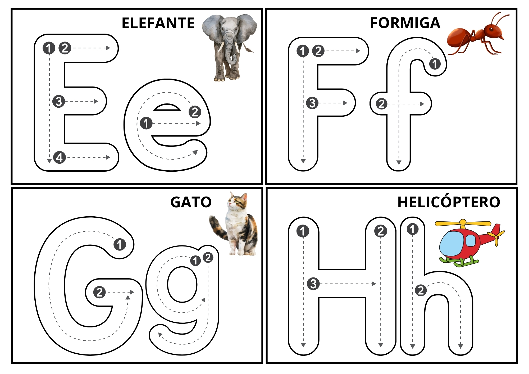 Fichas de traçado das letras E, F, G e H