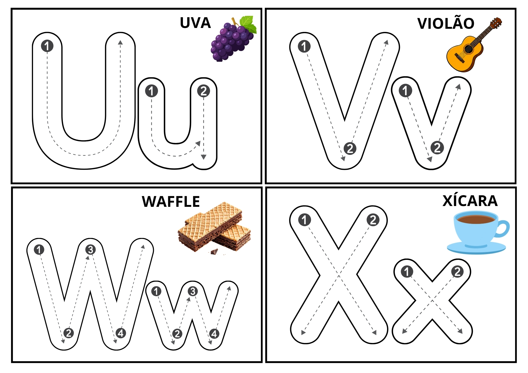 Fichas de traçado das letras U, V, W e X