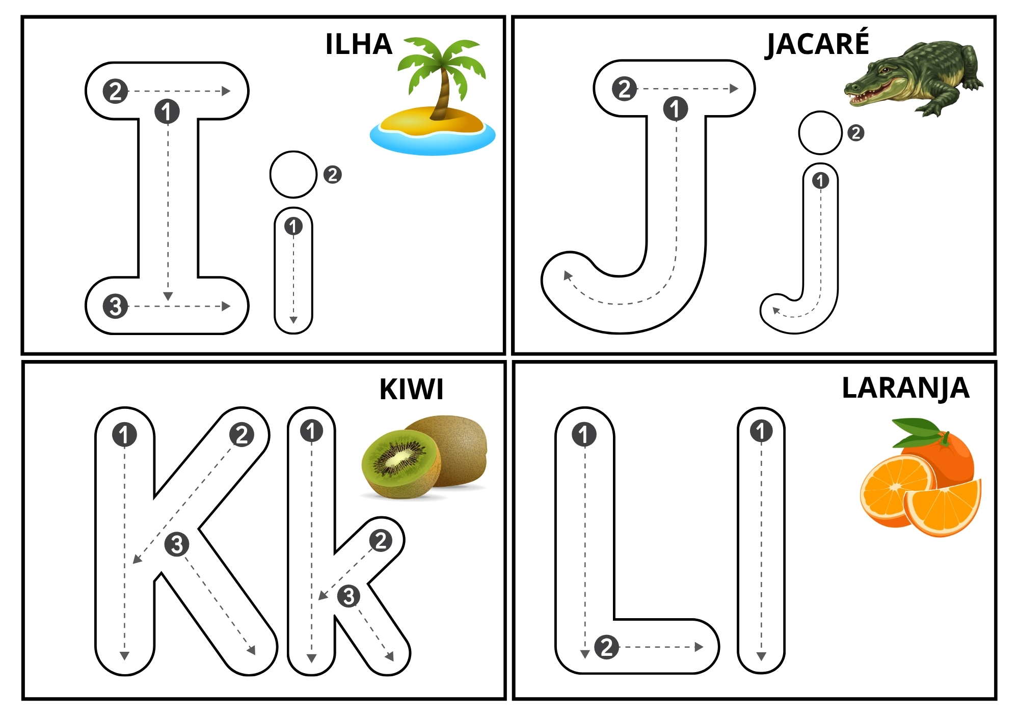 Fichas de traçado das letras I, J, K e L